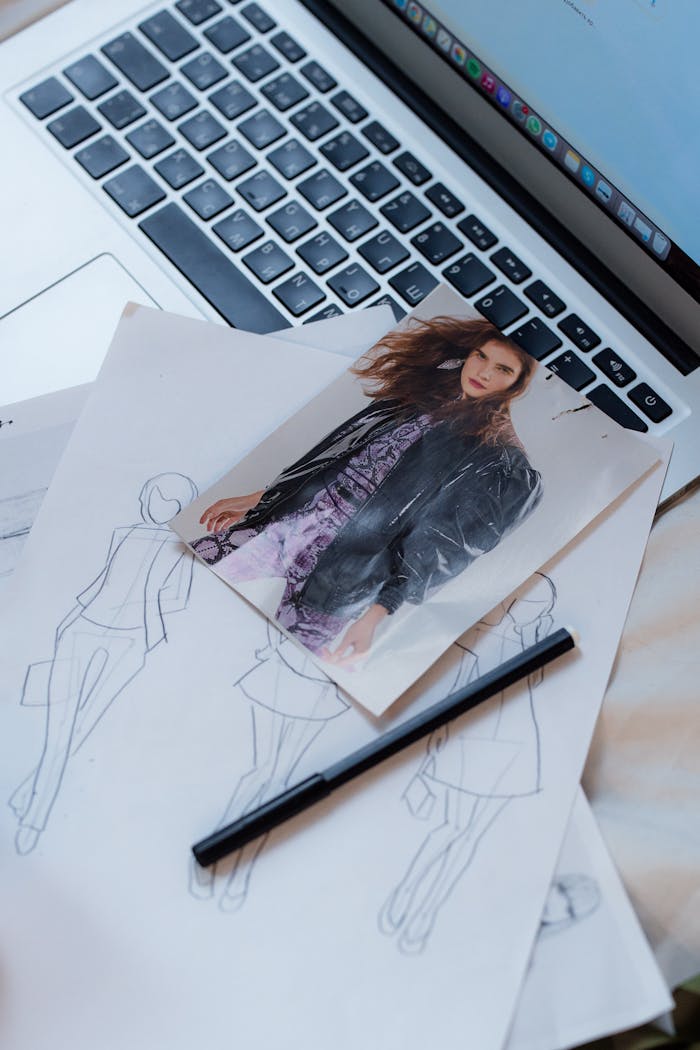 A laptop with fashion sketches and a photograph of a model, representing creative fashion design.