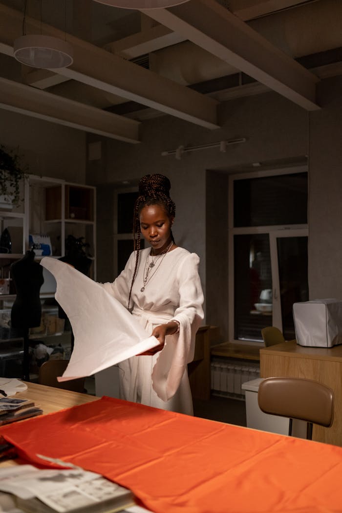 A focused female fashion designer cuts fabric in a stylish studio, showcasing creativity.
